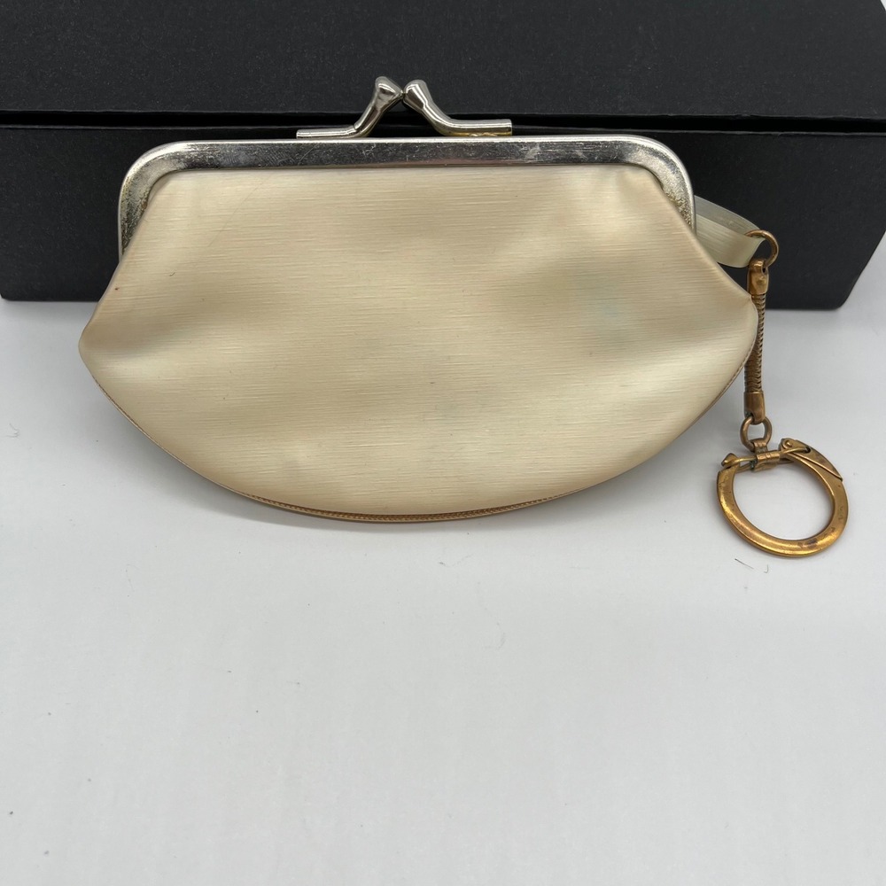 Vtg 50s 60s Change Coin Purse Keychain Floral Rhinestone Cream Kiss Lock Pin-up - Picture 2 of 5